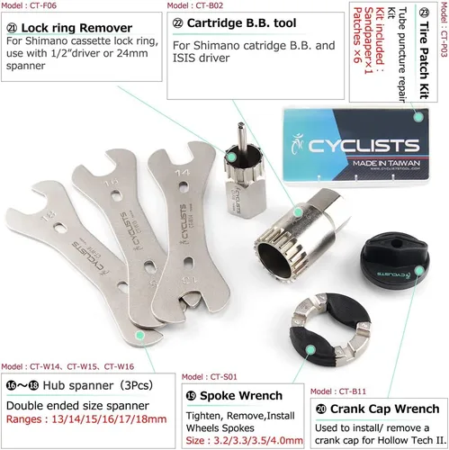Miniatura 7 de Kit de 23 piezas de herramientas para bicicleta - Juego de herramientas de reparación de bicicletas compatible - Juego de herramientas
