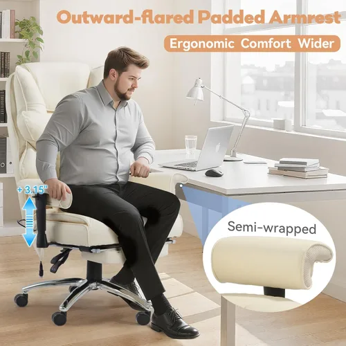 Miniatura 7 de Silla de Oficina de Masaje con Reposapiés, Silla Ejecutiva Ergonómica con Calefacción para Oficina con Respaldo Reclinable, Brazos Ajustables y Beige