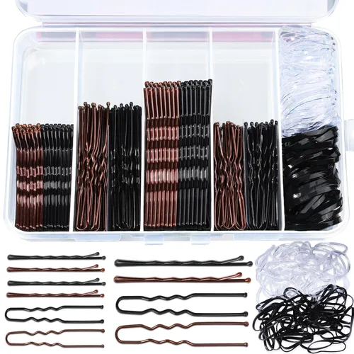 Teenitor 300 piezas de pasadores y horquillas para el pelo, 100 pasadores y 100 horquillas marrones y negras para mujeres, 100 bandas para el pelo