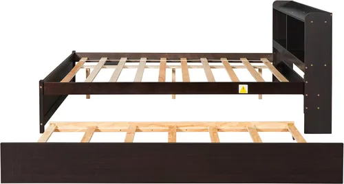 Miniatura 4 de Polibi Cama de plataforma de tamaño matrimonial con nido individual y estantería, cama de plataforma de almacenamiento de madera con cabecera
