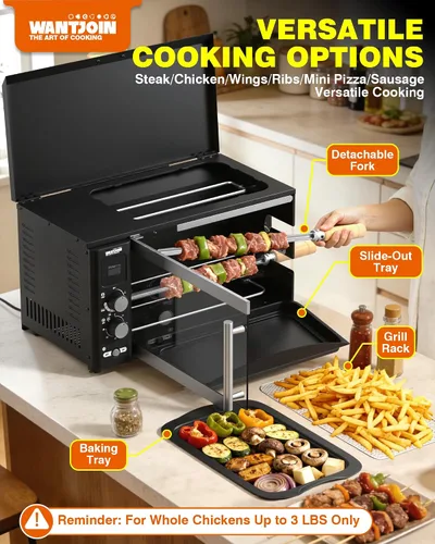 Miniatura 4 de WantJoin Horno asador eléctrico - Horno asador 3 en 1 de 37 cuartos de galón, pinchos dobles, rejilla para asar, calefacción de rotación automática