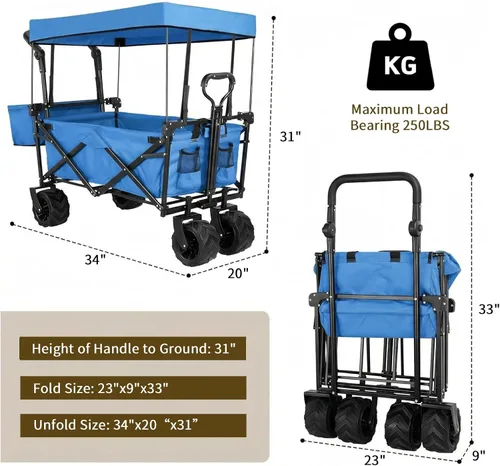Miniatura 2 de Carro plegable extragrande con toldo extraíble, remolque plegable resistente de 250 libras/262 litros con ruedas todo terreno de 7 pulgadas, asas