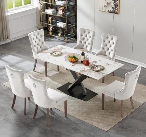 Miniatura 2 de Juego de mesa de comedor de mármol blanco de lujo para 6, 70 pulgadas, mesa de comedor de mármol blanco con 6 sillas de terciopelo beige y base