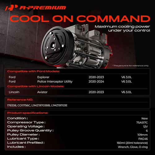 Miniatura 2 de A-Premium Compresor de A/C con embrague compatible con Ford Explorer 3.0L 2020-2023, Police Interceptor Utility 3.0L 2020-2023, Lincoln Aviator 3.0L