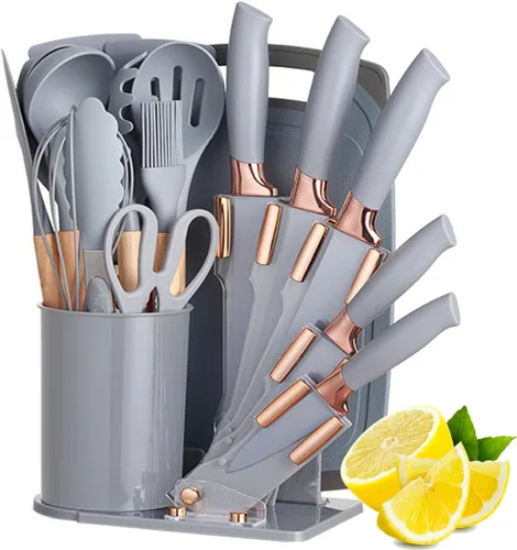 Miniatura 10 de Juego de utensilios de cocina y cuchillos de cocina de 19 piezas con bloque de soporte, incluye 11 utensilios de cocina de silicona, 5 cuchillos