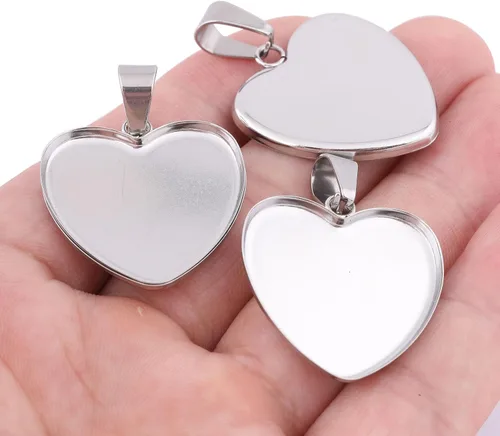 Miniatura 5 de 40 unidades de 0.972 in con ajustes de cabujón de corazón de acero inoxidable Bisel Colgante Bandejas DIY Neclace Base en blanco para suministros