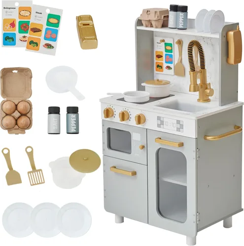 Teamson Kids Little Chef Memphis - Juego de cocina de madera para niños pequeños con 16 accesorios, juego de cocina realista con horno microondas,