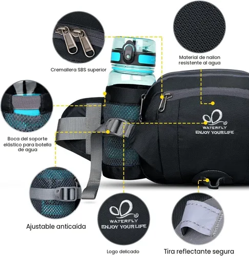 Miniatura 5 de Waterfly - Riñonera Fanny Pack: Bolso Fanny con 2 soportes para botellas de agua, cinturón lumbar, para senderismo, caminatas, correr, trotar