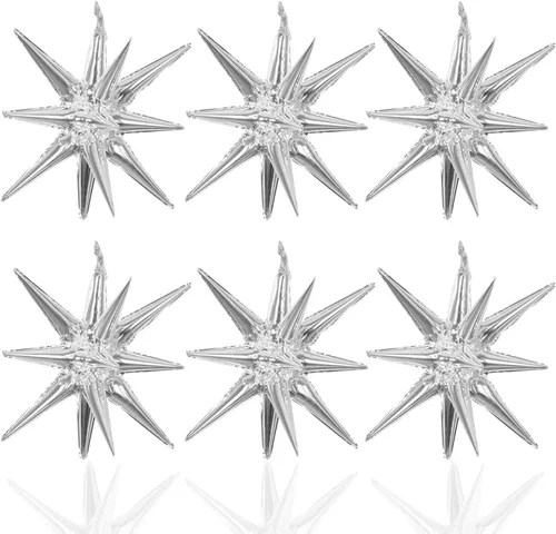 Miniatura 19 de 6 Globos de Papel de Aluminio con Forma de Estrella Negra de Una Pieza, Globo de Estrella de 14 Puntas 4D Cono Starburst de Mylar de 22 Pulgadas