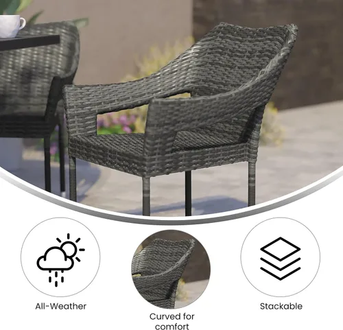 Miniatura 5 de BizChair Silla de patio de grado comercial, silla de comedor apilable de mimbre de ratán PE para todo tipo de clima, gris