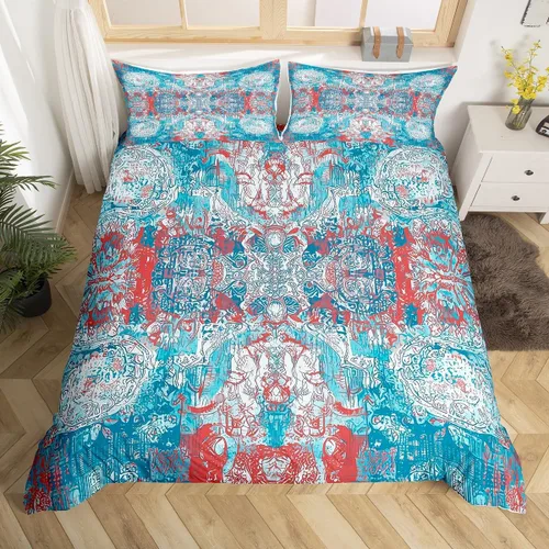 Miniatura 12 de Erosebridal Juego de ropa de cama bohemio individual, funda de edredón de mandala azul verde azulado para hombres y mujeres, funda de edredón retro