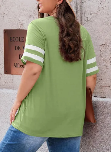 Miniatura 17 de Eytino Blusas de talla grande para mujer, cuello en V, manga corta, a rayas, casual, holgada, con bolsillo (1X-5X)