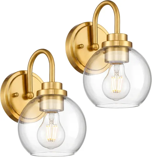 Juego de 2 apliques de pared de oro cepillado con pantalla de vidrio transparente | Diseño moderno, cableado, enchufe E26, adecuado para espejo de