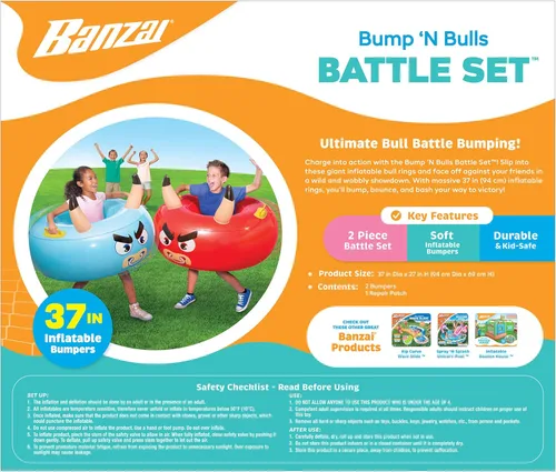 Miniatura 3 de Banzai: Bump ‘N Bull Battle Set - Red & Blue, 2 Inflatable Body Bumper Toys, 37" Animal Ring Boppers, Bouncer Grip Handles, Outdoor Game Play, Kids