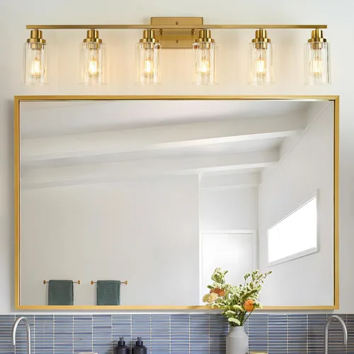 Miniatura 16 de Jonsi Accesorios de iluminación de baño dorados, 2 luces de tocador de oro cepillado con pantalla de vidrio estriada, luces modernas sobre espejo