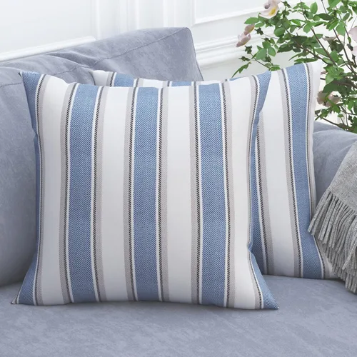 Miniatura 26 de 2 Piezas Fundas de Almohada Azul Marino Blanco a Rayas de Lino Suave Cuadradas Funda de Almohada Decorativa para Sofá con Cierre Oculto - 30,5 x