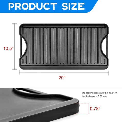 Miniatura 2 de GGC Parrilla reversible de hierro fundido, sartén de doble cara perfecta para parrillas de gas y estufas, 13 x 8.25 pulgadas rectangular