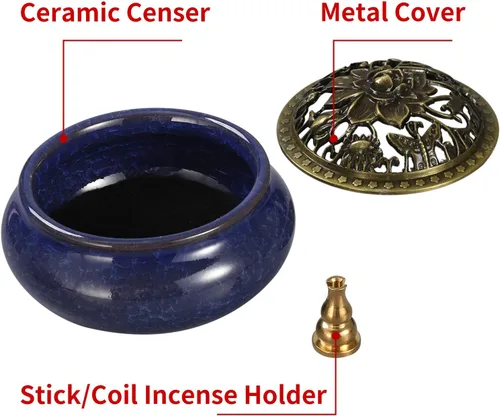 Miniatura 2 de Miupoo Quemador de incienso y soporte de incienso con soporte de palo de incienso de latón, atrapador de cenizas de cerámica (azul oscuro)
