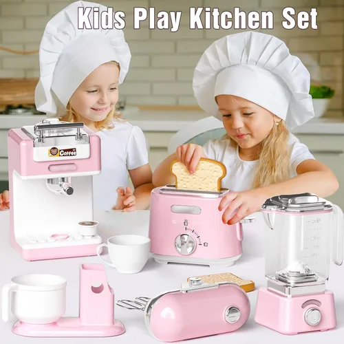 Miniatura 6 de Juego de juguetes de cocina para niños, 7 piezas sin BPA, aparatos de juego de simulación con sonido ligero, cafetera, batidora, batidora, tostadora