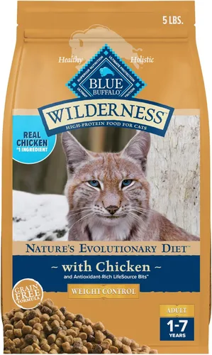 Alimento seco Blue Buffalo Wilderness para gatos adultos de peso natural, fórmula de control de peso alto en proteínas y sin granos, sabor pollo,