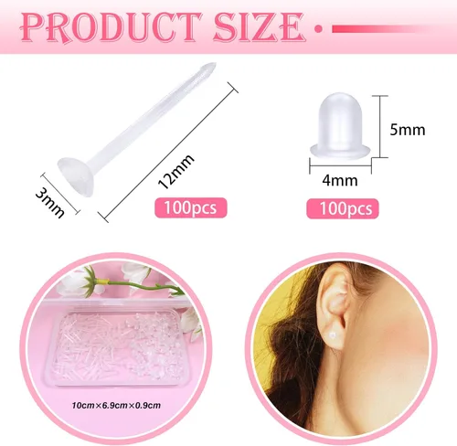 Miniatura 2 de TOAOB - 100 pares de aretes de plástico invisible de 0.118 pulgadas para tachuelas, pequeños hallazgos de cabeza con parte trasera de silicona