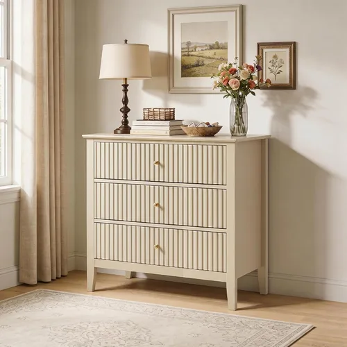 RoyalCraft Cómoda Acanalada Beige de 3 Cajones, Cómoda de 32 Pulgadas de Ancho Mesita de Noche para Dormitorio, Cofre de Cajones de Madera Moderno,