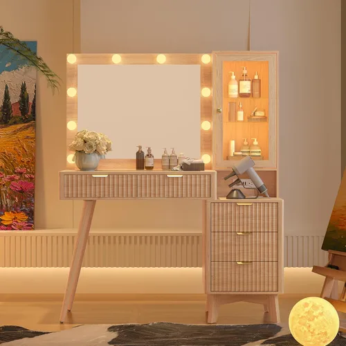 Miniatura 9 de Escritorio de tocador de maquillaje con espejo y luces, escritorio de madera estriada de 45 pulgadas con parte superior de cristal, 5 cajones y Roble