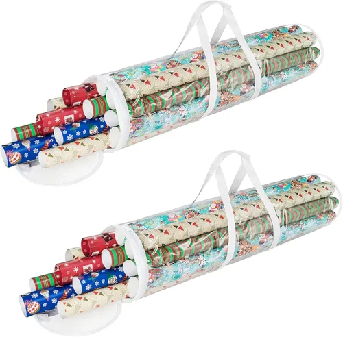 Bolsas de almacenamiento de papel de regalo, juego de 2 bolsas transparentes con asas para organizar rollos de 30 pulgadas de papel de vacaciones,