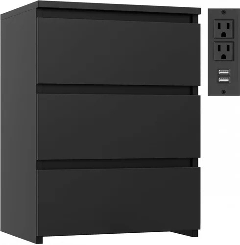 FOTOSOK Mesita de noche negra, mesita de noche de 26" de altura con estación de carga, mesita de noche negra con puertos USB y tomas de corriente,