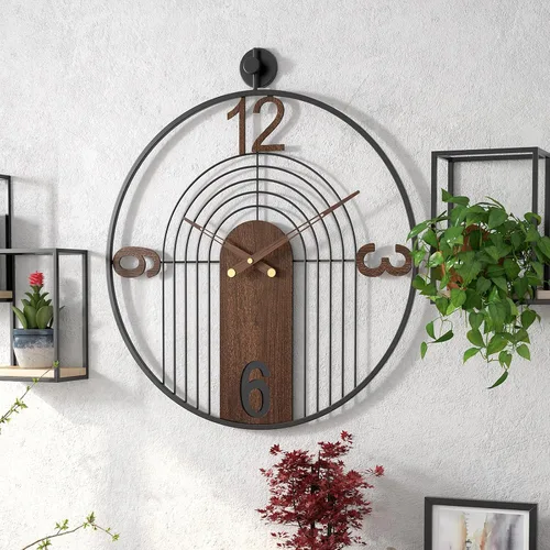 Miniatura 2 de Reloj de Pared Moderno Grande con Esfera de Nogal, Marco de Madera y Metal, Relojes de Pared Silenciosos Sin Tic Tac, Decoración para Sala de Estar