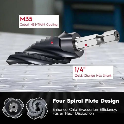Miniatura 2 de Cobalt M35 - Broca escalonada de 1/4 a 3/4 pulgadas, revestimiento TiAlN con 4 brocas en espiral, 9 tamaños M35 cobalto HSS para acero inoxidable