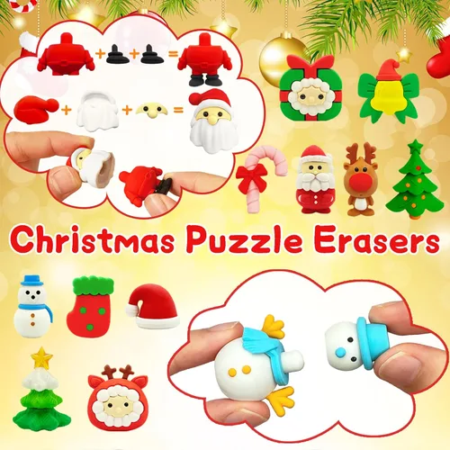 Miniatura 3 de 120 PIEZAS Borradores de Navidad para Niños, Borrador de Rompecabezas a Granel, Mascotas de Escritorio, Borradores Festivos para Niños, Regalos