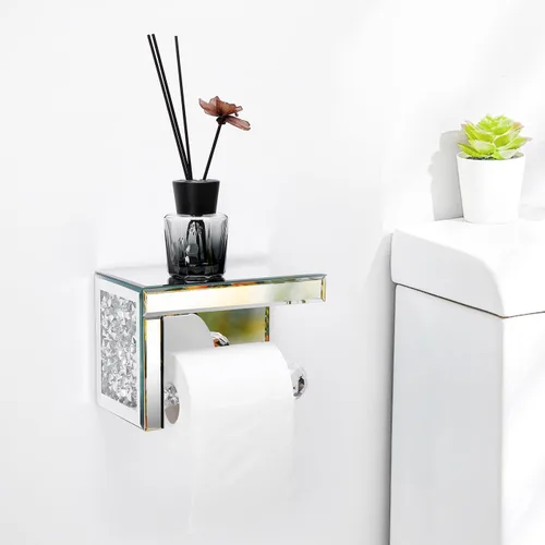 Miniatura 4 de TACIDON Soporte de papel higiénico de diamante Crystal Crush con estante espejado. Soporte moderno de papel higiénico de plata montado en la pared