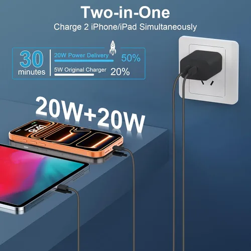 Miniatura 3 de Cargador para teléfono 15/16/17 Pro Max de carga rápida, bloque de carga USB C de doble puerto de 20 W con cable de carga USB C a C de 6.6 pies