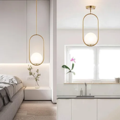 Miniatura 6 de BYOLIIMA Lámpara Colgante Moderna de Globo Níquel Cepillado Candelabro 1-Luz Mediados de Siglo Luminaria Colgante de Techo Pantallas de Vidrio