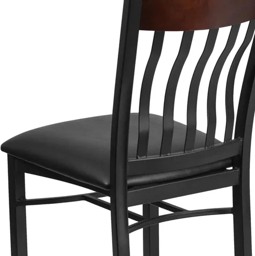 Miniatura 8 de Flash Furniture Eclipse Series Silla de restaurante con respaldo vertical de metal negro y madera de nogal con asiento de vinilo negro