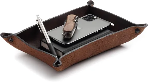 Miniatura 18 de Main Street Forge Bandeja de valet de cuero para hombre, organizador rústico EDC para llaves, teléfono y cartera, fabricado en Estados Unidos