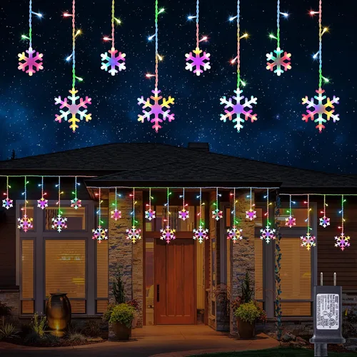 Luces de copo de nieve de Navidad para exteriores, 17.22 pies, 264 luces LED de carámbano de copo de nieve con 22 gotas, 8 modos conectables,