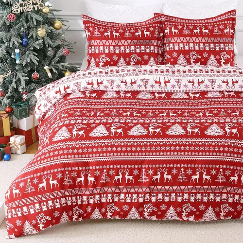 Miniatura 12 de Juego de funda de edredón navideña para cama individual para niños, juegos de funda de edredón de microfibra cepillada suave, con diseño de reno