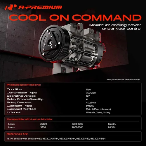 Miniatura 2 de A-Premium Compresor de aire acondicionado de CA con embrague compatible con Lexus GS300 3.0L 1998-2005, IS300 3.0L 2001-2005, viene con compresor