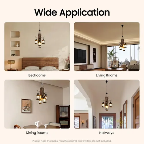 Miniatura 6 de DouSeiAi Lámpara colgante de madera industrial vintage de 4 luces, lámpara de araña retro con base E26, accesorio de techo colgante para cafetería