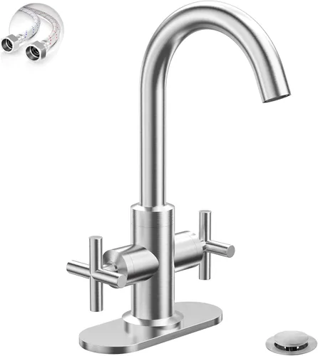 Miniatura 10 de Phiestina SGF0310-BG - Grifo de lavabo de baño de oro cepillado, grifo de tocador de un solo orificio o 3 agujeros, con boquilla giratoria de 360