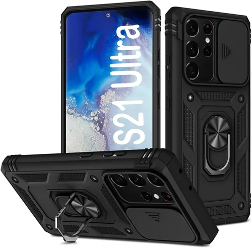 Miniatura 13 de PASNEW Funda para Samsung Galaxy S22 Ultra 5G, cubierta de cámara deslizante y soporte de dedo de metal giratorio de 360°, militar, resistente, a