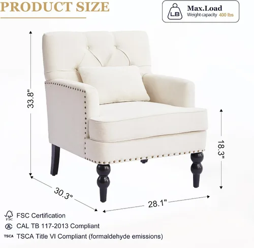 Miniatura 2 de HUIMO Silla de Club Acolchada, Silla de Acento con Almohada Lumbar, Sillón Tapizado con Botones, Sillas de Sofá de Tela de Lino para Dormitorio