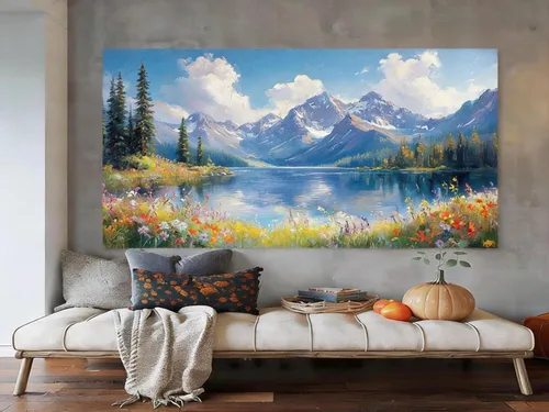 Miniatura 5 de Inzlove Large Canvas Wall Art 48" L x 24" W - Snow Mountain Lake Landscape Painting, Meadow Wildflowers Art Print, Rustic Farmhouse Decor for Living