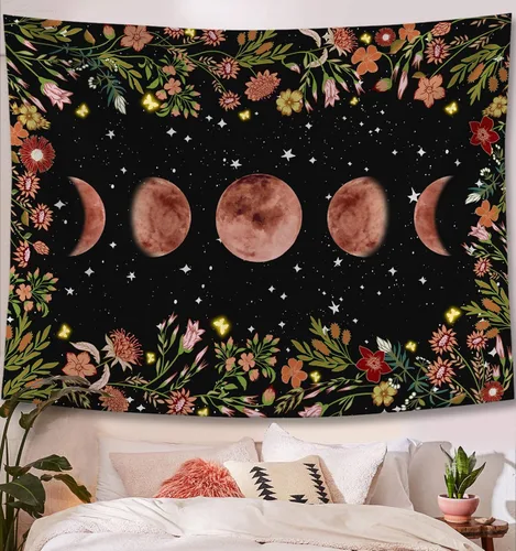 Miniatura 2 de Rexful Tapiz de jardín iluminado por la luna, fase lunar rodeada de plantas y flores, manta negra para colgar en la pared, 36 x 48 pulgadas
