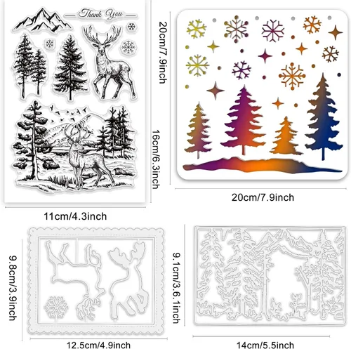 Miniatura 2 de INFUNLY Sellos y troqueles de bosque navideño para hacer tarjetas, sellos y troqueles de ciervo de Navidad, plantillas de ciervo para hacer