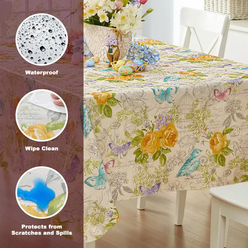 Miniatura 3 de Newbridge Claudette - Mantel de vinilo con parte trasera de franela de vinilo amarillo pastel, cuadrado de 52 x 52 pulgadas, rosas y mariposas