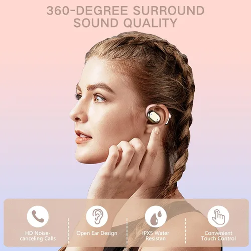 Miniatura 4 de ZIHNIC Auriculares de oreja abierta, comodidad durante todo el día, batería de 28 horas con uso prolongado, IPX5 impermeable, compatible con Rosa