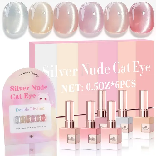 Miniatura 12 de Double Rhythm - Juego de esmalte de uñas de gel ojo de gato de 6 unidades, mismo color, misma botella, 14.8 ml, brillo con glitter, con imán